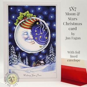 Moon Christmas Card, Original Art Christmas Cards, 5x7 Christmas Card, Greeting Cards, Christmas Moons, Celestial Christmas, Moons and Stars