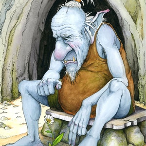 Troll And His Daisy, 5x7 Archival Color Print, Fantasy Art Print, Wall Art Fantasy, From Original Watercolor Art And Design By Jan Fagan, 5x