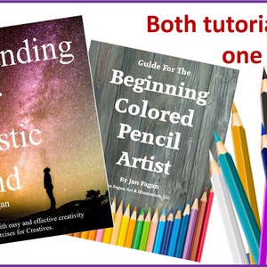 Może przedstawiać: Dwie okładki książek z tytułami "Expanding Your Artistic Mind" i "Guide For The Beginning Colored Pencil Artist" autorstwa Jan Fagan. Obie książki znajdują się na białym tle z kolorowymi oł&oacute;wkami na pierwszym planie.