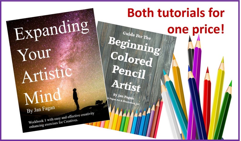 Może przedstawiać: Dwie okładki książek z tytułami "Expanding Your Artistic Mind" i "Guide For The Beginning Colored Pencil Artist" autorstwa Jan Fagan. Obie książki znajdują się na białym tle z kolorowymi oł&oacute;wkami na pierwszym planie.
