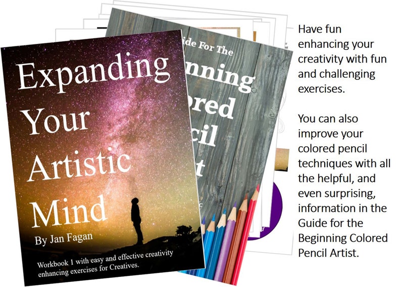Może przedstawiać: Okładka książki z nocnym, gwiezdnym niebem w tle i tytułem "Expanding Your Artistic Mind" autorstwa Jan Fagan. Książka jest zeszytem ćwiczeń z łatwymi i skutecznymi ćwiczeniami rozwijającymi kreatywność dla os&oacute;b kreatywnych.