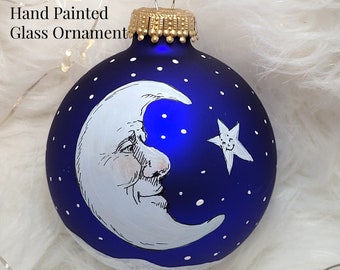 Moon Christmas Ornaments and Star Gift Christmas Ball Ornaments Handmade Blue and White Christmas Ornament Gift for Wife Celestial Christmas