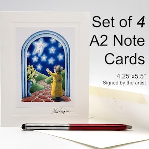 May include: Set of 4 A2 note cards featuring a watercolor illustration of a girl reaching up to a star in a night sky. The cards are 4.25 inches by 5.5 inches and signed by the artist.