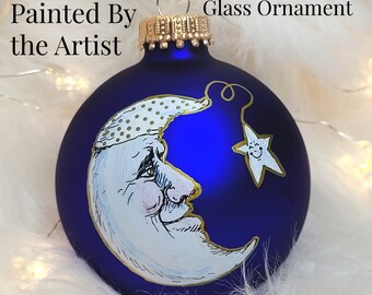 Christmas Ornaments Moon and Star Gift Christmas Ball Ornaments Handmade Blue Gold Christmas Ornament Gift for Wife Celestial Christmas Gold