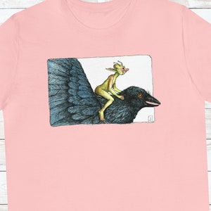 Krähen-T-Shirt, Fee, Raben-T-Shirts, schwarze Krähen, Raben-Kunst, Vogel-Liebhaber-Geschenke, Krähen-Kunst-Shirts, Geschenke für sie, Vogel-Kunst-Krähen, Jan Fagan Art