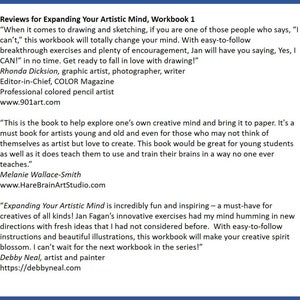 Może przedstawiać: Recenzje książki Expanding Your Artistic Mind, Workbook 1. Cytaty artystek Rhonda Dicksion, Melanie Wallace-Smith i Debby Neal na temat korzyści płynących z książki dla ekspresji tw&oacute;rczej.