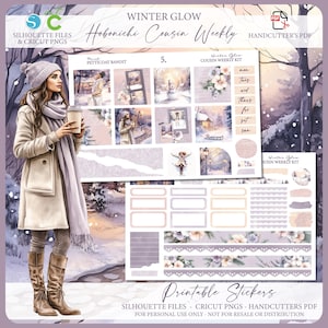 Kit de planejador semanal Hobonichi Cousin para impressão - Winter Glow | Arquivos de corte Silhouette | Cricut png | Kit de adesivos Hobo Cousin A5 de inverno nevado