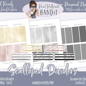 Può includere: Divisori a scalare per planner e diari. Questi divisori digitali sono disponibili in oro, oro rosa, nero e bianco. L'immagine mostra un set di divisori stampabili con il testo "Print Petticoat Bandit" e "Solo per uso personale. Non per la rivendita o la distribuzione".