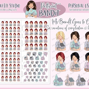 Afdrukbare personagestickers mevrouw Bandits gaat naar de kerk | Stickers financiële planner | Donatie | Silhouet gesneden bestanden | PNG | PDF | xexclusief