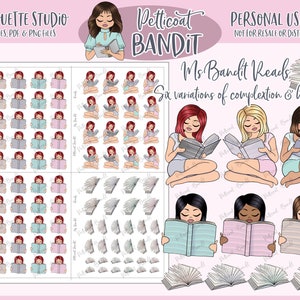 Pegatinas de personajes imprimibles de la Sra. Bandit Reads / Pegatinas de planificador imprimibles digitales / Archivos de corte Silhouette / PNG / PDF / exclusivo