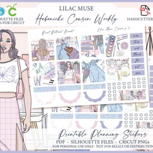 Kit de planejador semanal Hobonichi Cousin para impressão - Lilac Muse | Arquivos de corte Silhouette | Cricut png | Kit de adesivos Hobo Cousin A5