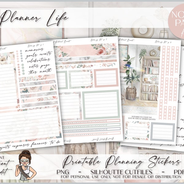 Kit de páginas de notas de Erin Condren / Pegatinas del planificador de notas mensuales imprimibles / Archivos de corte de silueta / Cricut PNG / PDF / Planner Life