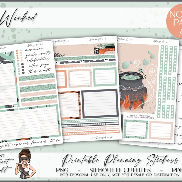 Erin Condren Notes Page Kit | Printable Monthly Notes Planner Stickers | Silhouette Cutfiles | Cricut PNG | PDF | Wicked