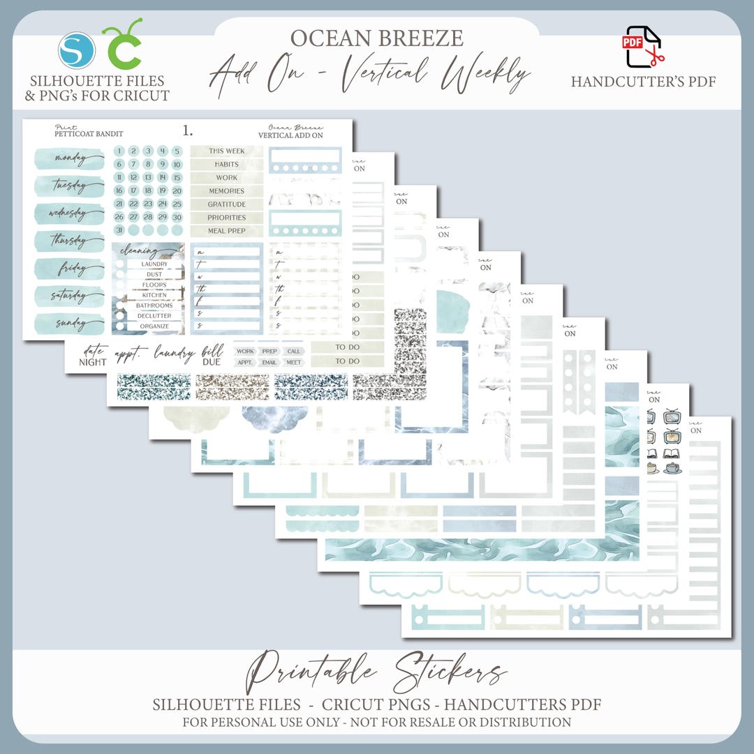 Summer Printable Add on Vertical Weekly Planner Sticker Kit - Ocean ...