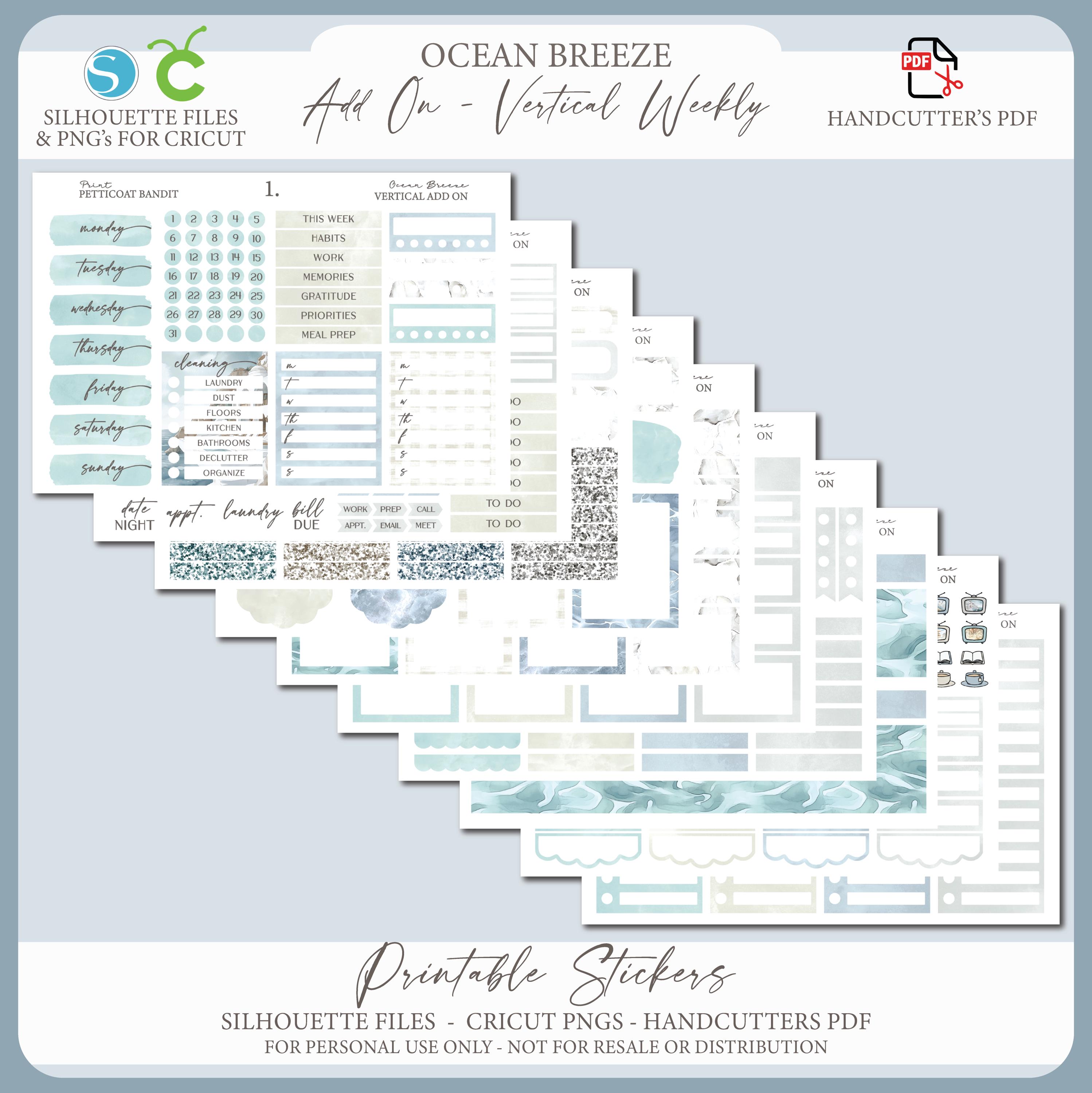 Summer Printable Add On Vertical Weekly Planner Sticker Kit - Ocean Breeze | Weekly Sticker Kit | Silhouette Cutfiles | Cricut PNG | PDF