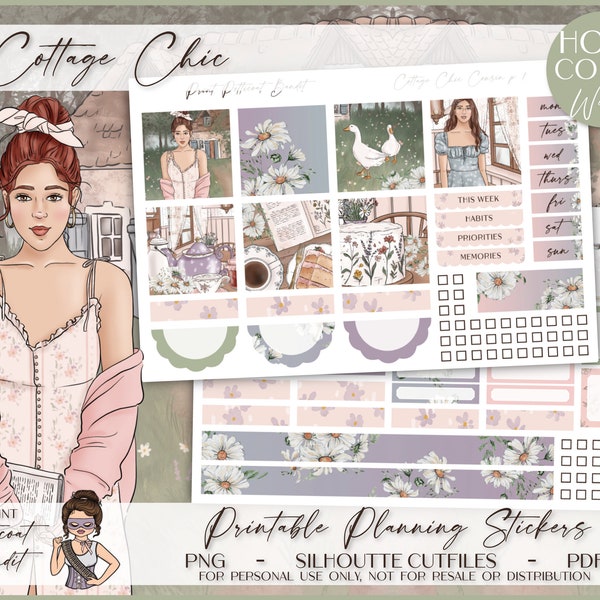 Printable Hobonichi Cousin Weekly Planner Kit - Cottage Chic | Foil Ready | Silhouette Cut Files | Cricut png | A5 Hobo Cousin Sticker Kit