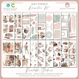 May include: A decorative kit with the text "SOFT ENERGY" and "Decorative Kit". The kit includes printable stickers with floral and vintage designs, frames, and illustrations. The stickers are available in Silhouette Files, Cricut PNGs, and Handcutter's PDF formats.