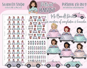 May include: A digital clipart set featuring six variations of a woman driving a vintage car. The woman has different hair colors and skin tones. The cars are pink, blue, and gray. The text "Ms. Bandit Drives" is included in the image.