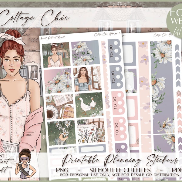 Printable Hobonichi Weeks Weekly Planner Kit - Cottage Chic | Foil Ready | Silhouette Cut Files | Cricut png | Hobo Weeks Sticker Kit