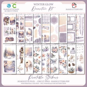 Puede incluir: Un kit decorativo "Winter Glow" con pegatinas imprimibles. Las pegatinas presentan ilustraciones invernales, figuras, arreglos florales y marcos decorativos en tonos morados, blancos y beige.