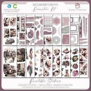 May include: A "Mulberry Grove" decorative kit with printable stickers. The stickers include floral designs, frames, and illustrations of people and buildings. The color scheme features purple, white, and green hues. The kit is designed for personal use.