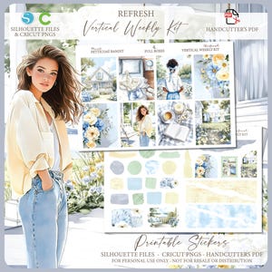 Op de afbeelding: Printbare stickerset met een verticaal wekelijks kit-thema. De set bevat een verscheidenheid aan stickers met bloemen-, huis- en tekstontwerpen in de kleuren blauw, geel en groen. De stickers zijn alleen bedoeld voor persoonlijk gebruik.