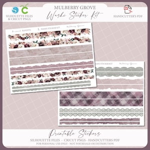 May include: A Mulberry Grove Washi Sticker Kit with various designs, including floral patterns, brick textures, and decorative edges. The kit includes printable stickers for personal use, with the text "Silhouette Files & Cricut PNGs" and "Handcutter's PDF".
