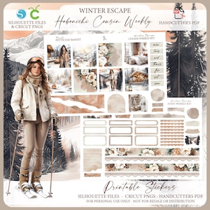Kit de planejador semanal Hobonichi Cousin para impressão - Winter Escape | Kit de inverno neutro | Silhueta | Cricut png | Kit de adesivos Hobo Cousin A5
