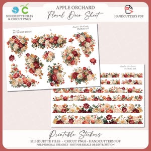 May include: Floral deco sheet with printable stickers featuring bouquets and floral borders. The design includes bouquets of red, cream, and peach-colored roses and other flowers. The text "Apple Orchard" and "Printable Stickers" are visible.