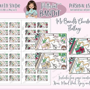 May include: A digital download of printable Christmas flatlays featuring a variety of festive elements, including wrapped gifts, ribbon, scissors, and a mug of hot chocolate. The flatlays are available in four color variations: Christmas, Mixed Pink, Grey, and Mint.