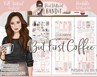 Printable Vertical Weekly Planner Kit - But First Coffee | FOIL READY | Silhouette Cut Files | Cricut png | Erin Condren Planner Stickers