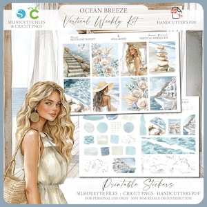 Summer Printable Vertical Weekly Planner Sticker Kit - Ocean Breeze | Silhouette Cutfile | Cricut PNG | PDF | 7X9 Weekly Sticker Kit