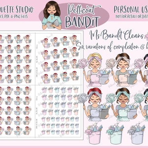 Ms. Bandit reinigt afdrukbare personagestickers | Digitale afdrukbare plannerstickers | Silhouet gesneden bestanden | PNG | PDF | xexclusief