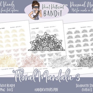 May include: Three sheets of paper with a floral mandala design. The design is in black and white, gold, and pink. The sheets are labeled "Floral Mandala 3".
