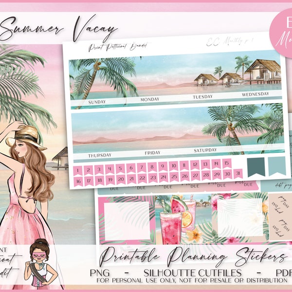 Erin Condren Monthly Kit | Foil Ready | Printable Planner Stickers | EC Monthly | Silhouette Cutfiles | Cricut PNG | PDF | Summer Vacay