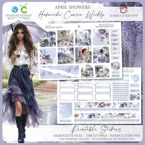 Kit de planejador semanal para impressão de primavera Hobonichi Cousin - April Showers | Arquivos de corte Silhouette | Cricut png | Kit de adesivos Hobo Cousin A5