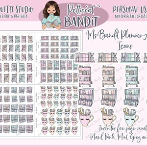 May include: A digital planner sticker set with various icons, including bookshelves, mugs, and pens. The stickers are in a variety of colours, including pink, mint, grey, and beige. The text "Ms Bandit Planner Addict Icons" is at the top of the image. The text "Includes five page variations Mixed Pink, Mint, Grey and Beige" is at the bottom of the image.