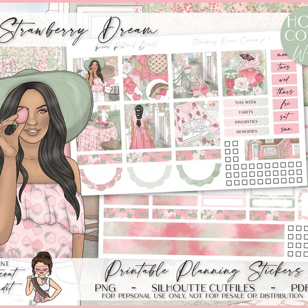 Printable Hobonichi Cousin Weekly Planner Kit - Strawberry Dream | Foil Ready | Silhouette CutFile | Cricut png | A5 Hobo Cousin Sticker Kit