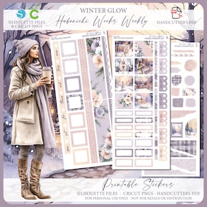 Puede incluir: Pegatinas imprimibles para un planificador semanal con un tema invernal. Las pegatinas muestran a una mujer con un abrigo de invierno, un paisaje nevado y varias cajas y etiquetas. El texto "Winter Glow Hobonichi Weeks Weekly" está en la parte superior de la imagen.