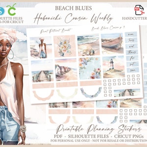 Kit de planejador semanal Hobonichi Cousin para impressão - Beach Blues | Arquivos de corte Silhouette | Cricut png | Kit de adesivos Hobo Cousin A5
