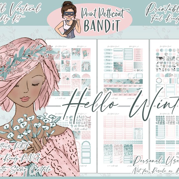 Printable Vertical Weekly Planner Sticker Kit - Hello Winter | Foil Ready | Silhouette Cut Files | Cricut png | EC Weekly Sticker Kit
