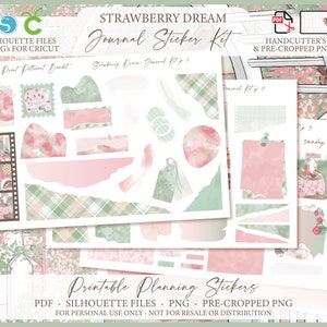 Kit d'autocollants pour journal intime imprimable - Rêve de fraise | Stickers pour journaux | Stickers décoratifs | Silhouette | Cricut | Planification numérique PNG