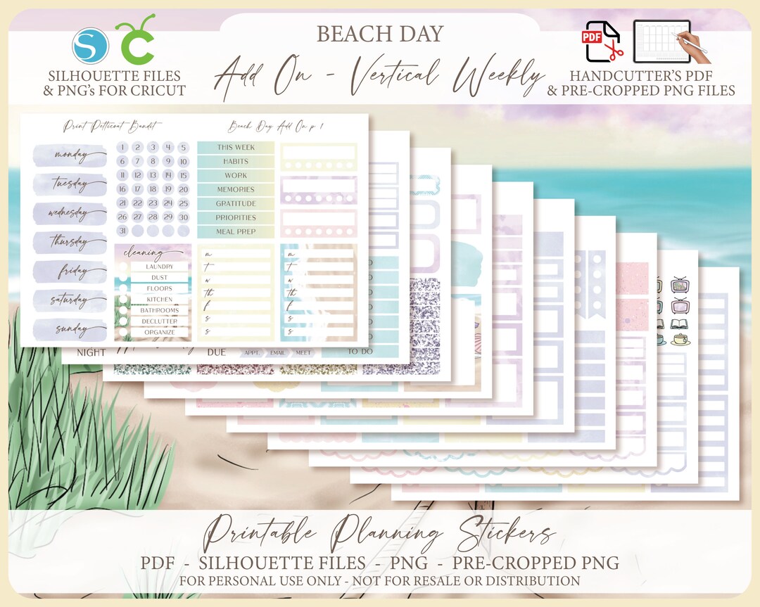 Printable Add on Vertical Weekly Planner Sticker Kit - Beach Day ...