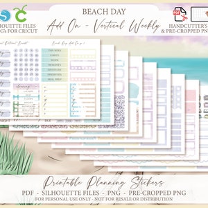 Afdrukbare add-on verticale weekplanner stickerkit - Beach Day | Silhouet | Cricut | Digitale planning, png-bestand | Wekelijkse stickerkit