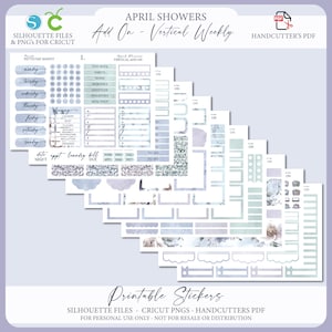 Voorjaar afdrukbare add-on verticale weekplanner stickerkit - april buien | Wekelijkse stickerkit | Silhouetsnijbestanden | Cricut png-bestand | Pdf
