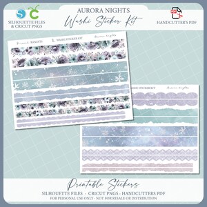 May include: A washi sticker kit titled "Aurora Nights" with floral and snowflake designs in shades of blue, purple, and white. The kit includes various decorative tape strips with torn edges and scalloped borders. The words "Printable Stickers" are also visible.