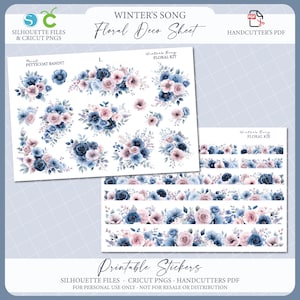 Kit floral imprimible: canción de invierno / pegatinas de diario de invierno / pegatinas decorativas de planificador de invierno / archivo de corte Silhouette / Cricut PNG / PDF