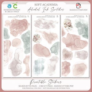 Op de afbeelding: Printbare sticker vellen met alcoholinkt stalen in zachte roze, grijze en groene tinten. De vellen zijn gelabeld "Journal Bandits - Alcohol Ink" en bevatten de tekst "Soft Academia". De stickers zijn bedoeld voor persoonlijk gebruik en zijn beschikbaar als Silhouette-bestanden, Cricut PNG's en Handcutter's PDF.