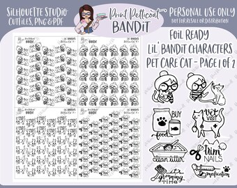 FOIL READY Lil' Bandit Printable Character Stickers - Pet Care Cat (2 Pages) | DIY Planner Stickers | Silhouette Cut Files | Stickers