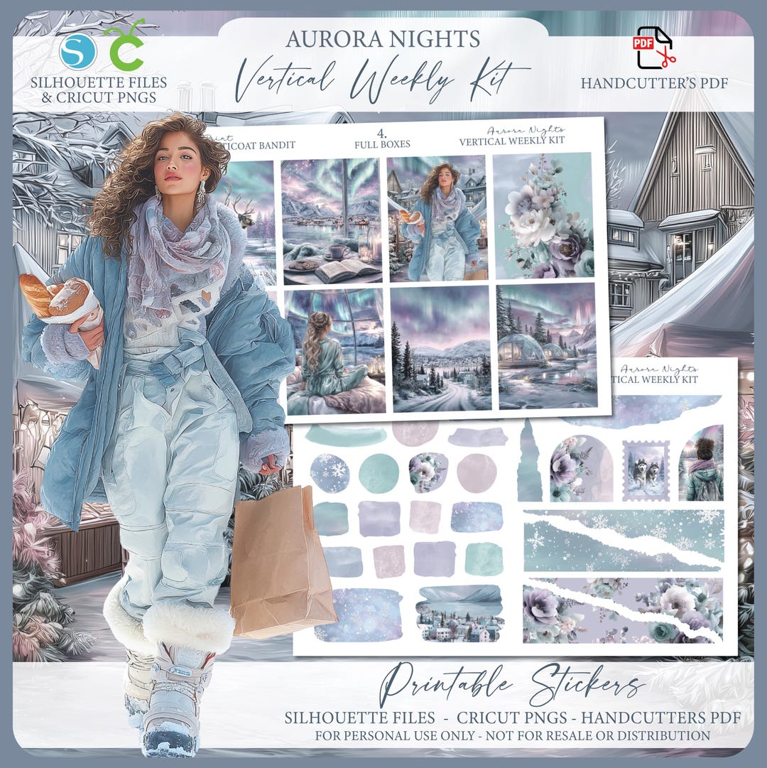 Winter Printable Vertical Weekly Planner Sticker Kit - Aurora Nights ...